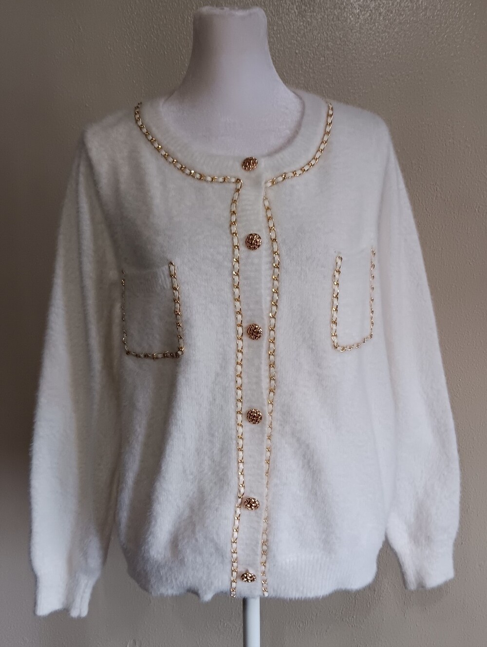 Nanette Lepore Fuzzy Fluffy White & Gold Chain Trim Button Up Cardigan, Large